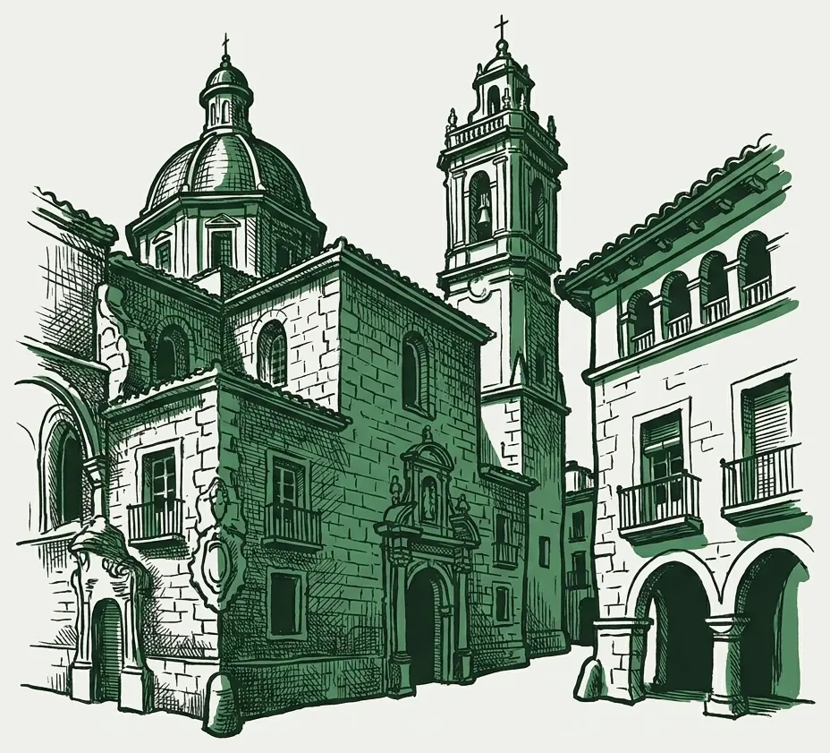 Disegno di Castellón de la Plana con il campanile e la cupola