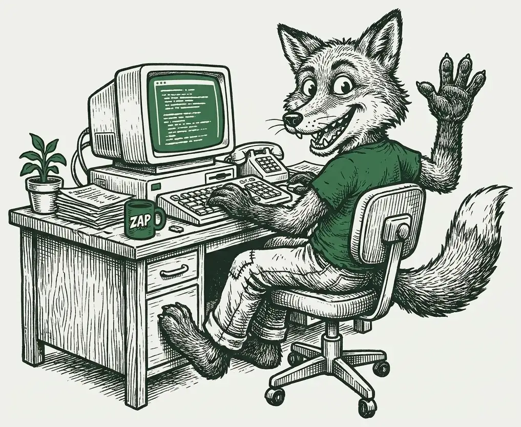 Illustrazione: una volpe alla scrivania saluta davanti a un vecchio computer