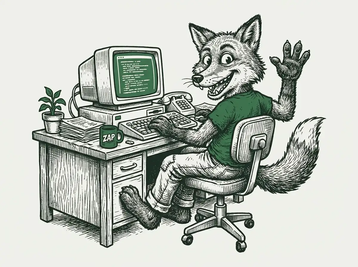 Illustrazione: una volpe alla scrivania saluta davanti a un vecchio computer
