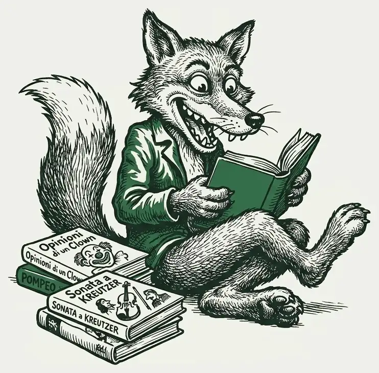 Disegno di una volpe che legge accanto a una pila di libri