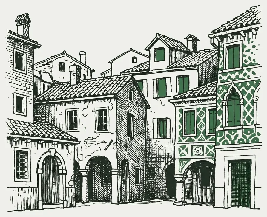 Disegno di case di Granada con facciate decorate