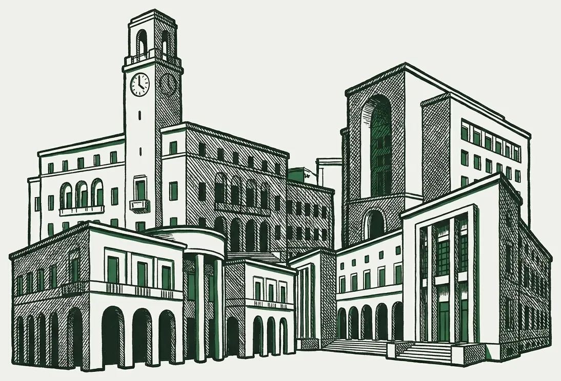 Disegno degli edifici razionalisti di Latina con la torre civica