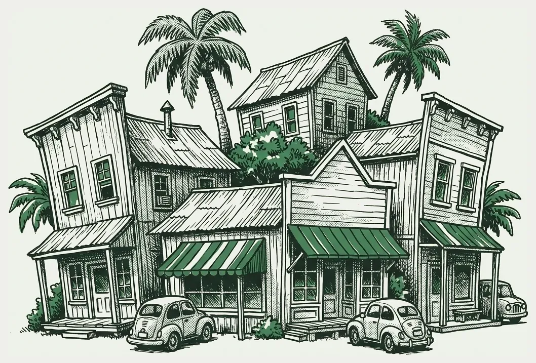 Disegno di case di legno e palme a Maui