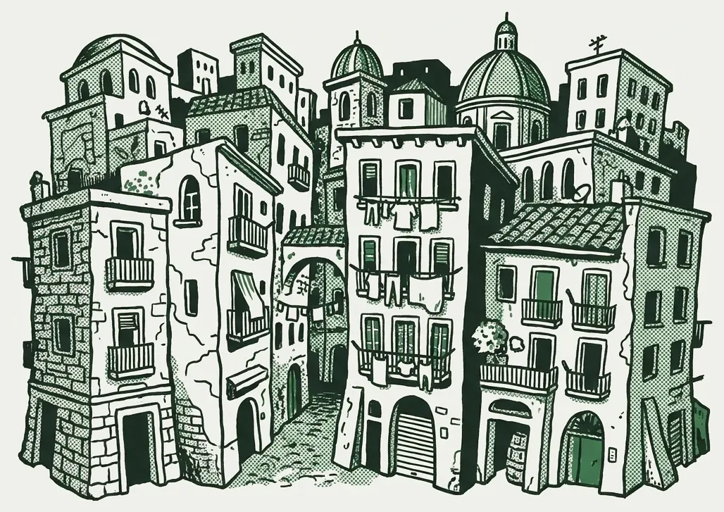 Disegno di un vicolo di Napoli con i panni stesi