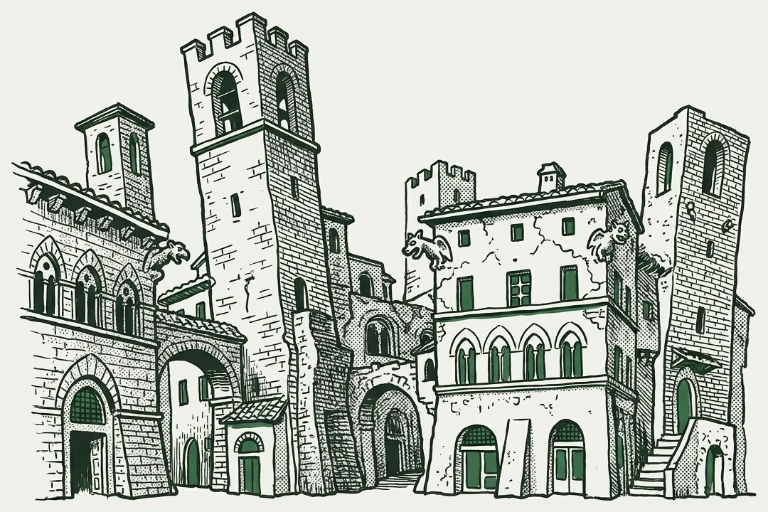 Disegno di Perugia medievale con torri e gargoyle